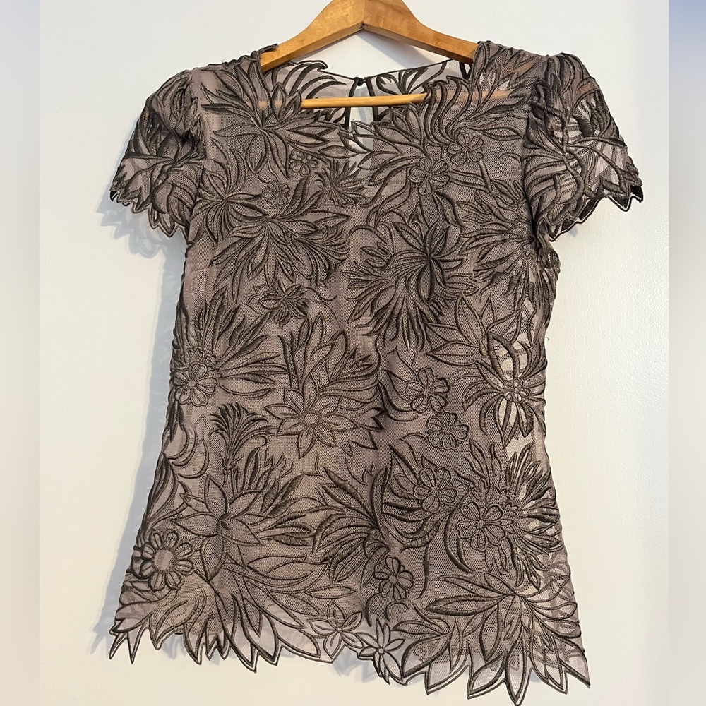 Vintage Karen Millen grey sheer lace style top with grey under camisole.